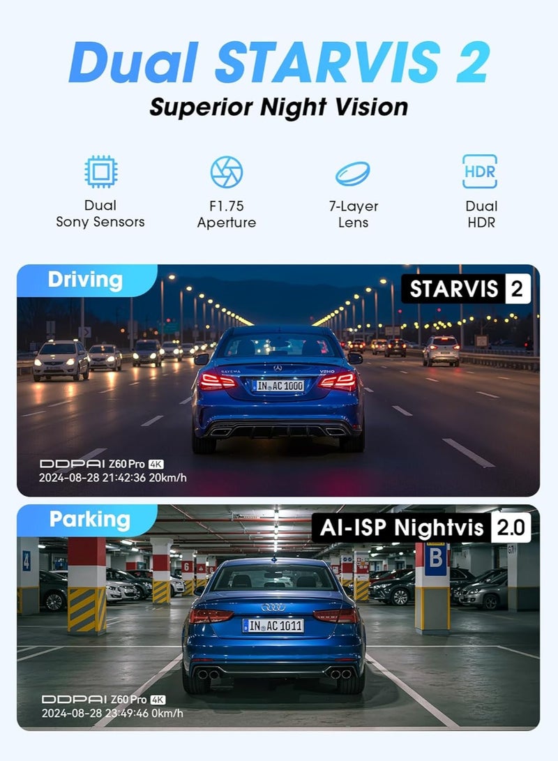 دي دي باي كاميرا DDPAI Z60 Pro بدقة 4K أمامية وخلفية، مزودة بعدستي STARVIS 2 IMX678 وIMX662، كاميرا سيارة بدقة 4K+1080P مع تقنية HDR وذاكرة eMMC مدمجة سعة 32 جيجابايت، تدعم التسجيل بدقة 3K/60 إطارًا في الثانية، واتصال 4G LTE، وواي فاي 5 جيجاهرتز وGPS، شاشة IPS مقاس 3 بوصة، رؤية ليلية، ووضع ركن لمدة 24 ساعة. - Image 5